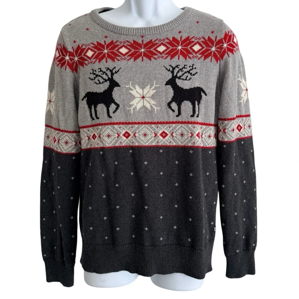 Chaps Women Sweater‎ M Gray Fair Isle Reindeer Graphics Ski Cotton Soft Stretchy - Picture 2 of 8